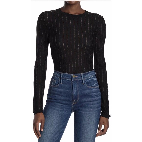 FRAME Striped Metallic Wool-Blend Long-Sleeve Sweater Top Size M Black And Gold - Picture 1 of 9